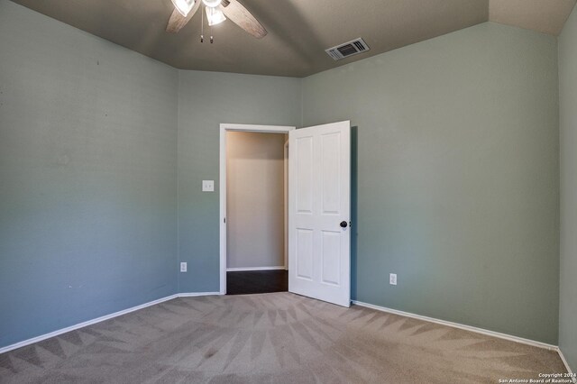 268 Fawn Rdg, Cibolo, TX 78108 - carpeted empty room featuring ceiling fan, lofted ceiling, and baseboards