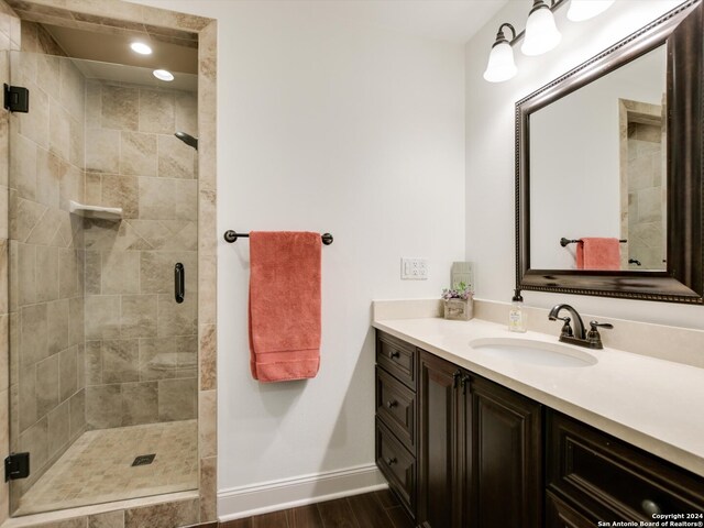 bathroom featuring wood-type flooring, vanity, and a shower with shower door