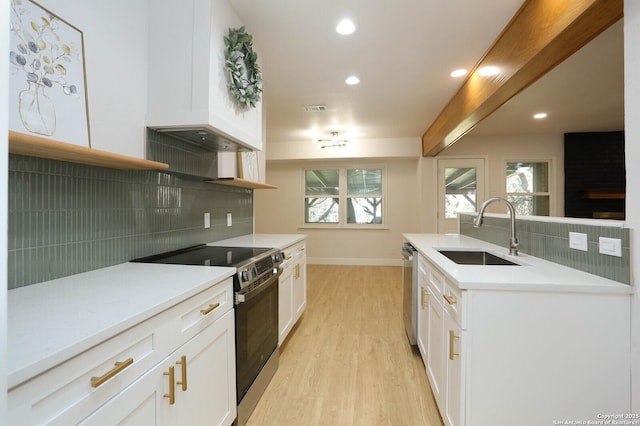 kitchen with light wood finished floors, a sink, stainless steel appliances, white cabinetry, and backsplash