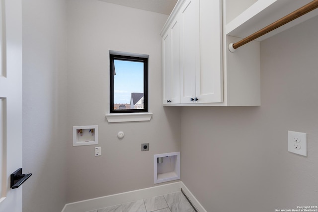 laundry room with cabinets, washer hookup, hookup for a gas dryer, and electric dryer hookup