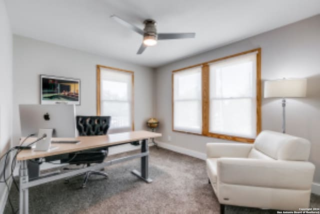 office area featuring carpet flooring and ceiling fan