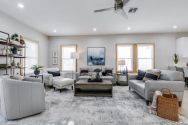 living room with ceiling fan