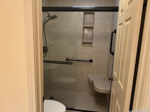 bathroom featuring toilet and a stall shower