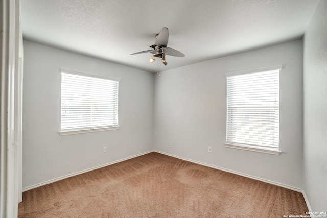 empty room with ceiling fan, plenty of natural light, carpet floors, and a textured ceiling