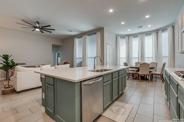 12303 Tower Frst, San Antonio, TX 78253 - kitchen featuring green cabinetry, dishwasher, recessed lighting, light countertops, and open floor plan