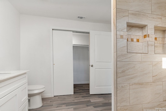 bathroom featuring vanity, wood-type flooring, and toilet