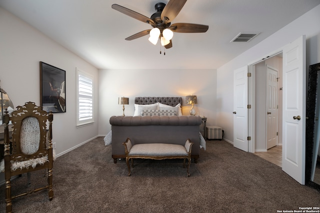 carpeted bedroom featuring ceiling fan