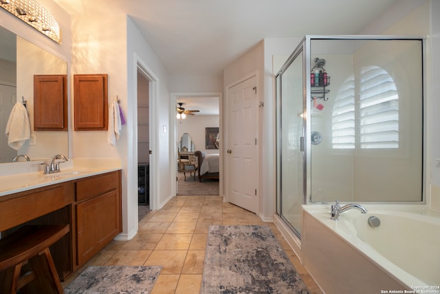 bathroom with separate shower and tub, ceiling fan, tile patterned flooring, and vanity