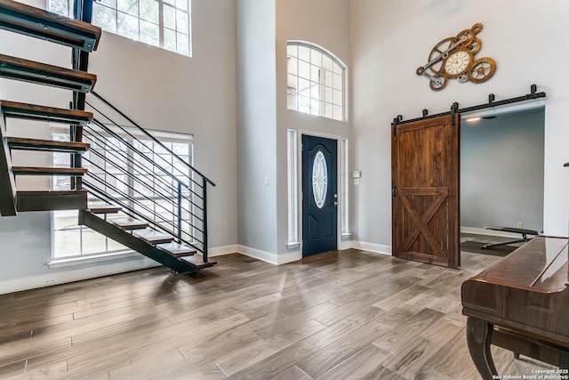 foyer entrance featuring wood finished floors, a healthy amount of sunlight, baseboards, and a barn door