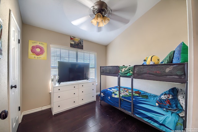 bedroom with hardwood / wood-style floors and ceiling fan