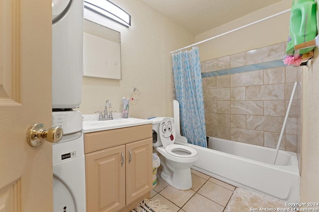 full bathroom featuring vanity, stacked washer and clothes dryer, tile patterned floors, toilet, and shower / tub combo with curtain