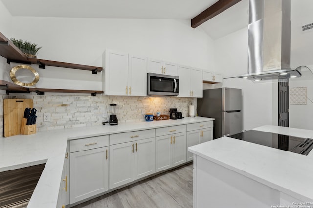 kitchen with stainless steel appliances, light hardwood / wood-style flooring, ventilation hood, backsplash, and white cabinets