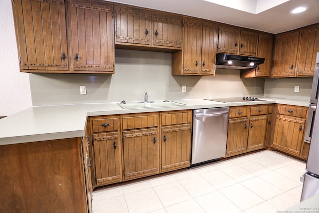 kitchen with black electric stovetop, light tile patterned flooring, stainless steel dishwasher, and sink