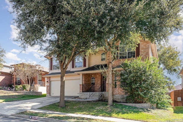 9606 Mediator Run, Converse, TX 78109 - obstructed view of property featuring brick siding, an attached garage, fence, and driveway