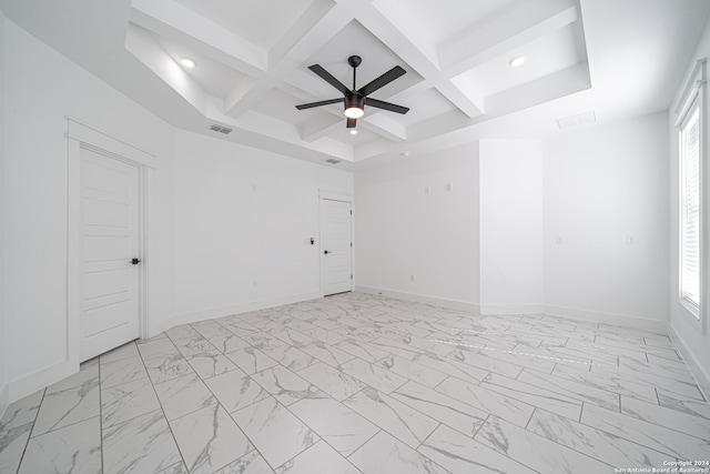 empty room with beam ceiling, ceiling fan, and coffered ceiling