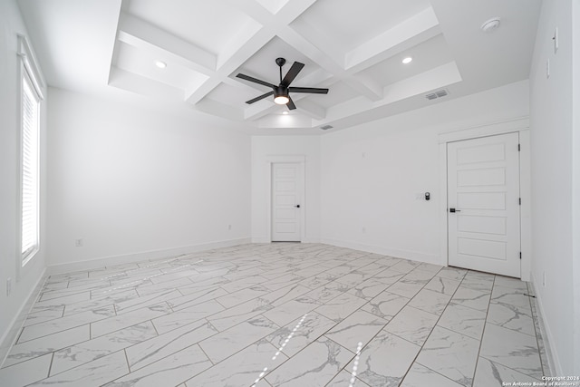 unfurnished room featuring ceiling fan, beam ceiling, and coffered ceiling