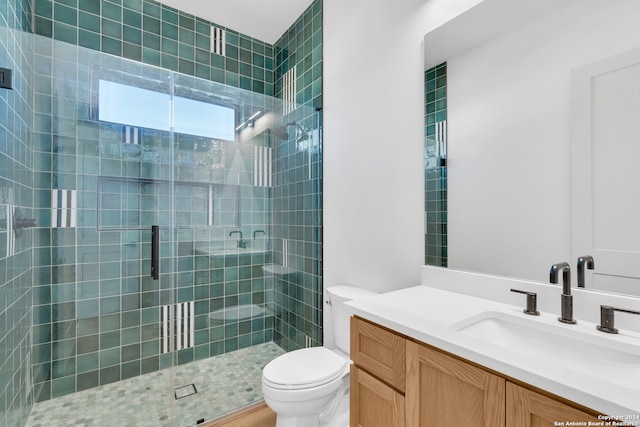 bathroom featuring vanity, toilet, and a shower with shower door