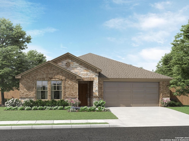 ranch-style home with brick siding, a front lawn, driveway, stone siding, and an attached garage
