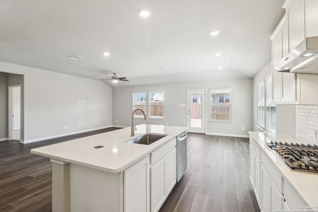 kitchen with dark wood-style floors, ceiling fan, stainless steel appliances, a sink, and tasteful backsplash