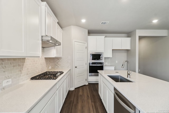 kitchen featuring visible vents, a sink, decorative backsplash, under cabinet range hood, and appliances with stainless steel finishes