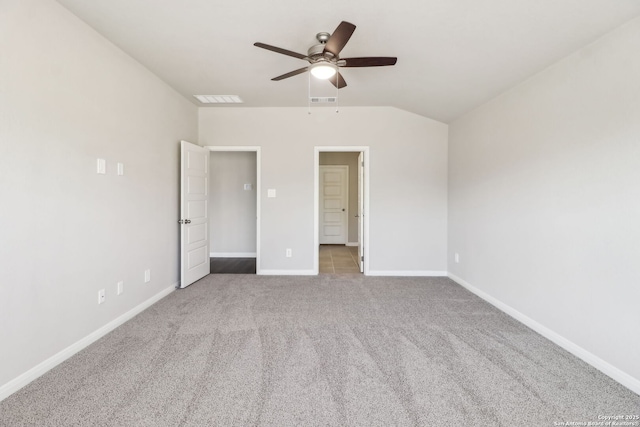 unfurnished bedroom featuring ceiling fan, carpet, visible vents, and baseboards