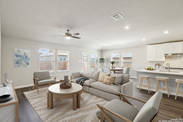 living area with dark wood finished floors, a healthy amount of sunlight, visible vents, and baseboards