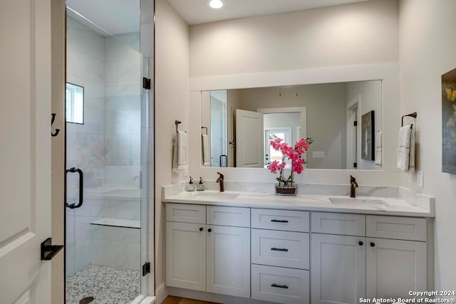 bathroom featuring vanity, walk in shower, and a healthy amount of sunlight