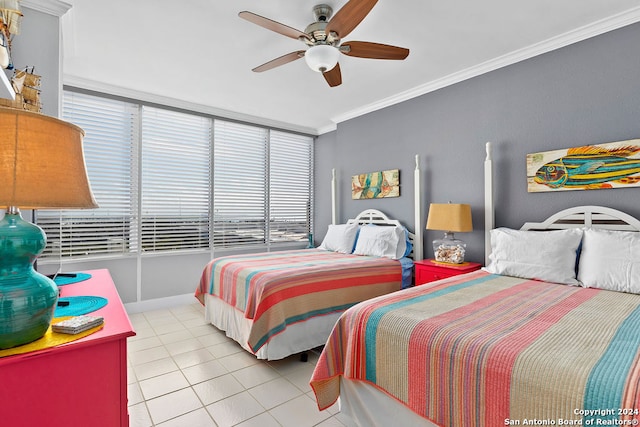 bedroom with light tile patterned floors, ceiling fan, and ornamental molding