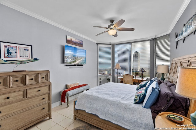 bedroom with ceiling fan, light tile patterned floors, and crown molding