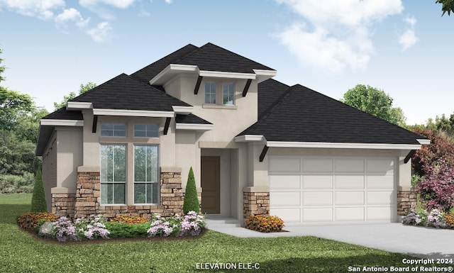 view of front of home with a garage, stone siding, concrete driveway, roof with shingles, and stucco siding