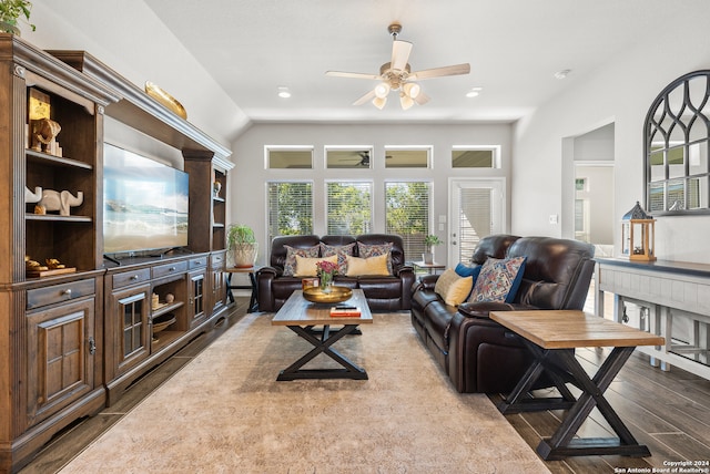 living room with hardwood / wood-style flooring and ceiling fan