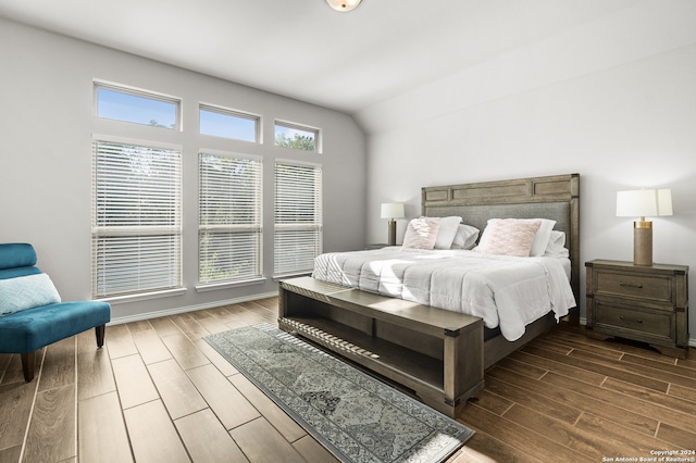 bedroom featuring dark wood-type flooring and vaulted ceiling