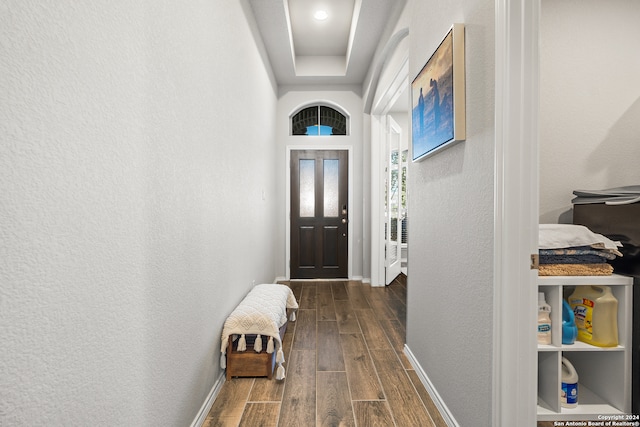 interior space with dark hardwood / wood-style floors and a tray ceiling