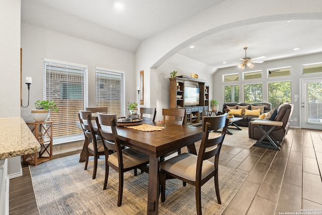 dining space with ceiling fan, dark hardwood / wood-style flooring, and lofted ceiling