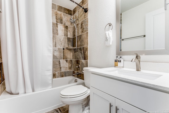 full bathroom featuring vanity, toilet, and shower / tub combo with curtain