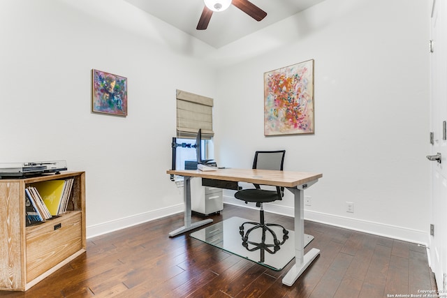 office space featuring ceiling fan and dark wood-type flooring