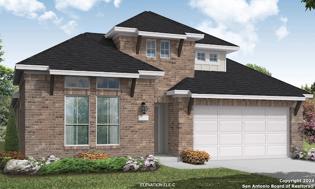 view of front facade with an attached garage, a shingled roof, concrete driveway, and brick siding