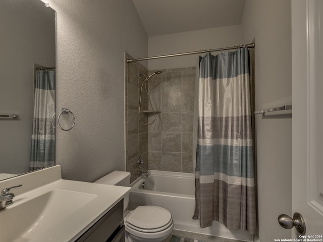 full bathroom with vanity, toilet, and shower / bathtub combination with curtain