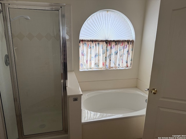 bathroom with separate shower and tub and plenty of natural light