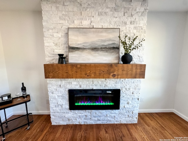 details featuring wood-type flooring and a stone fireplace