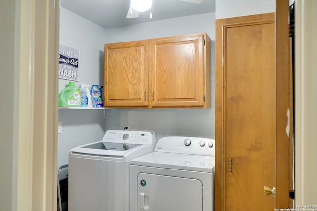 clothes washing area with separate washer and dryer, ceiling fan, and cabinets