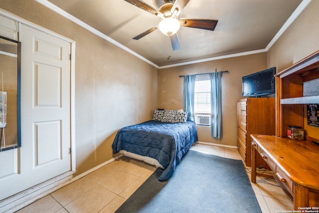 tiled bedroom featuring ceiling fan, cooling unit, and crown molding