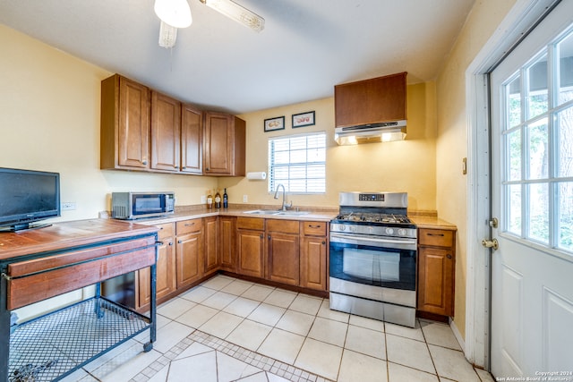 kitchen with plenty of natural light, stainless steel appliances, range hood, and sink