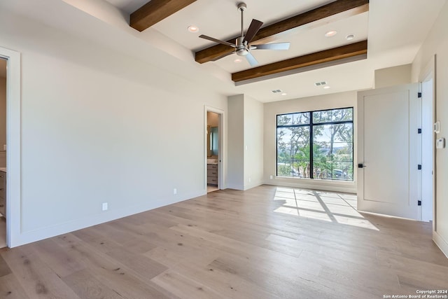 unfurnished room featuring beam ceiling, light wood-type flooring, and ceiling fan