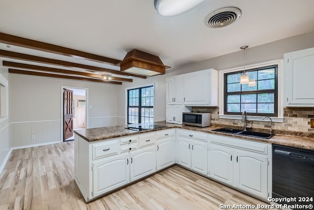 kitchen with kitchen peninsula, backsplash, sink, black appliances, and white cabinetry