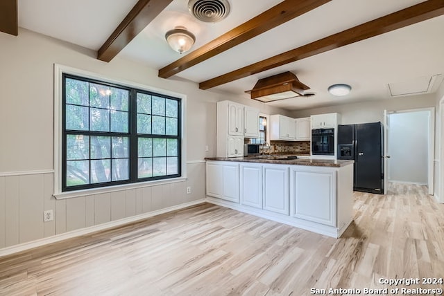 kitchen featuring kitchen peninsula, backsplash, black appliances, light hardwood / wood-style flooring, and white cabinets