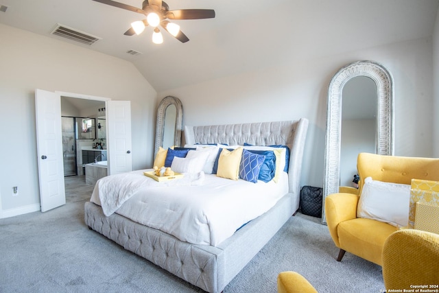 9104 Pepperton Ln, San Antonio, TX 78254 - carpeted bedroom featuring vaulted ceiling, ceiling fan, baseboards, and connected bathroom