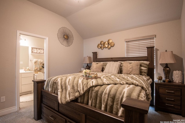 9104 Pepperton Ln, San Antonio, TX 78254 - carpeted bedroom featuring vaulted ceiling, ensuite bathroom, and baseboards
