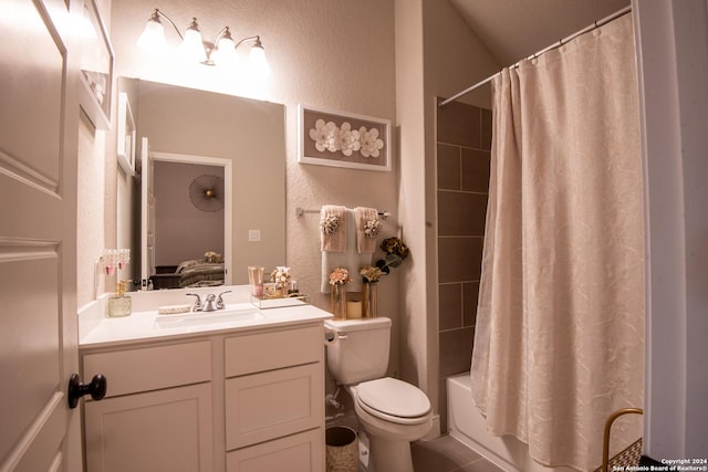 9104 Pepperton Ln, San Antonio, TX 78254 - full bath with a textured wall, toilet, vanity, ensuite bath, and shower / bath combo with shower curtain