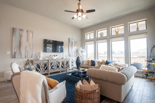 9104 Pepperton Ln, San Antonio, TX 78254 - living area with ceiling fan, wood finished floors, and baseboards